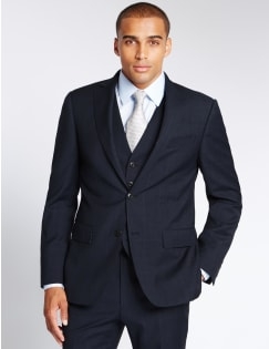 Navy Checked Tailored Fit Wool 3 Piece Suit, , catlanding