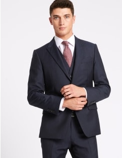 Navy Herringbone Slim Fit 3 Piece Suit, , catlanding