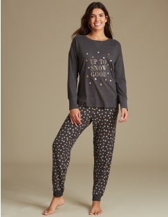 Cotton Rich Snow Print Long Sleeve Pyjamas, CHARCOAL, catlanding