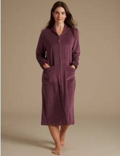 Fleece Zip Through Dressing Gown, DAMSON, catlanding