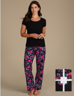 Pure Cotton Floral Print Short Sleeve Pyjamas, BLACK MIX, catlanding