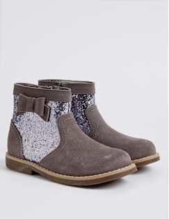 Kids&rsquo; Glitter Bow Ankle Boots, SILVER GREY, catlanding