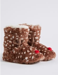 Kids&rsquo; Faux Fur Reindeer Slipper Boots , BROWN MIX, catlanding