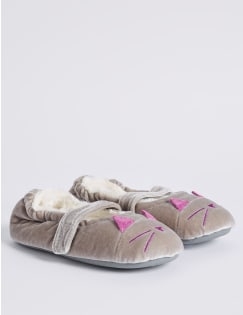 Kids' Novelty Velvet Slippers, GREY, catlanding