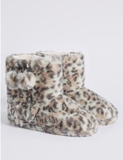 Kids' Animal Print Slipper Boots, BROWN, catlanding