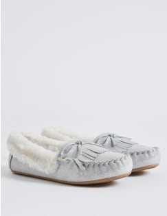 Kids' Moccasin Slipper Shoes, SILVER, catlanding