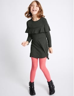 Long Sleeve Frill Dress (3-14 Years), CHARCOAL, catlanding