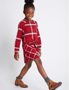Pure Cotton Checked Long Sleeve Dress (3-14 Years), RED, catlanding