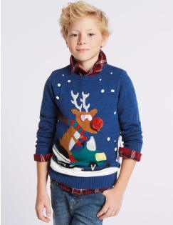 Cotton Rich Snowman Reindeer Jumper (3-14 Years), MULTI, catlanding